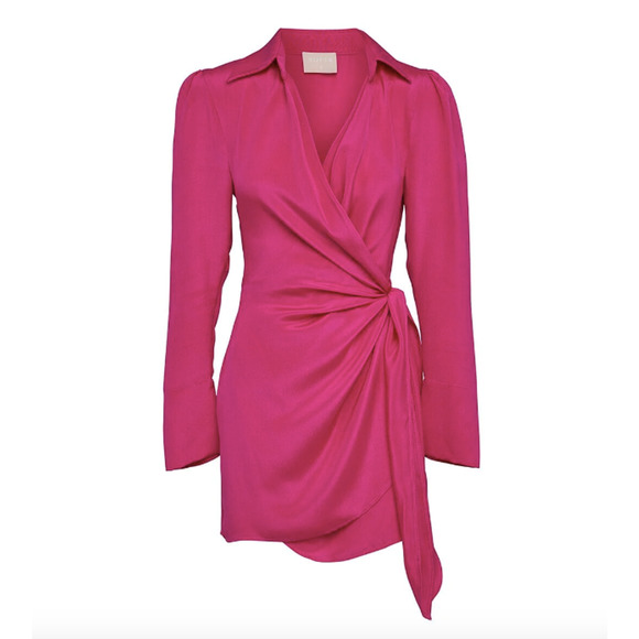 Sofia The Label NWT Dua Silk Wrap Dress Hot Pink Long Sleeve Mini - Picture 3 of 8